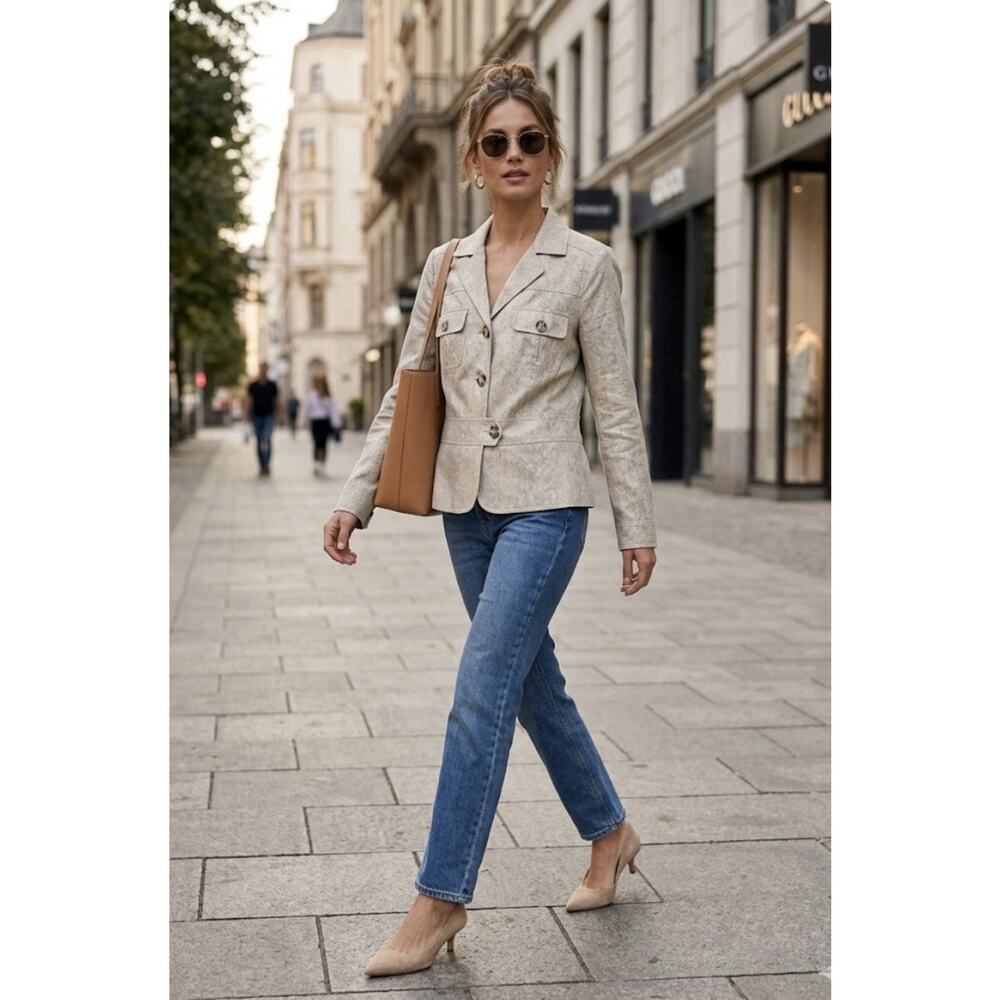 Worthington Beige Linen Blend Safari Style Blazer Snakeskin Print Crop Jacket 12